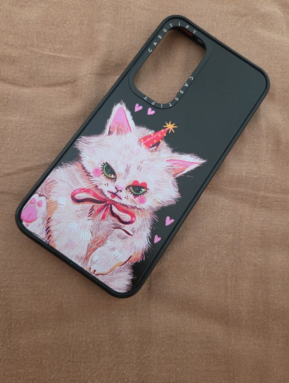 Casetify Black Case with Pink Party Cat Illustration
